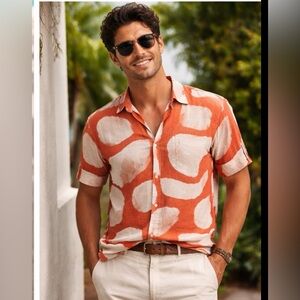 Republic Men Linen Blend Button Down Shirt NWT Orange Abstract Camp Collar M